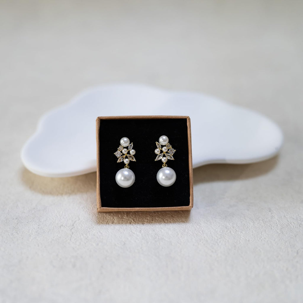 LEMOXIVI Gold Plated Pearl Drop Dangle Earrings for Women, Pearl Wedding Earrings for Brides Dangling, CZ Bridal Earrings for Wedding Bridesmaids, Prom Jewelry Gifts, Style3-Gold