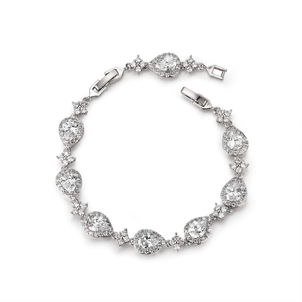 SWEETV Wedding Teardrop Bracelets for Brides Bridesmaids, Crystal Cubic Zirconia Bridal Bracelets for Women Prom, Silver