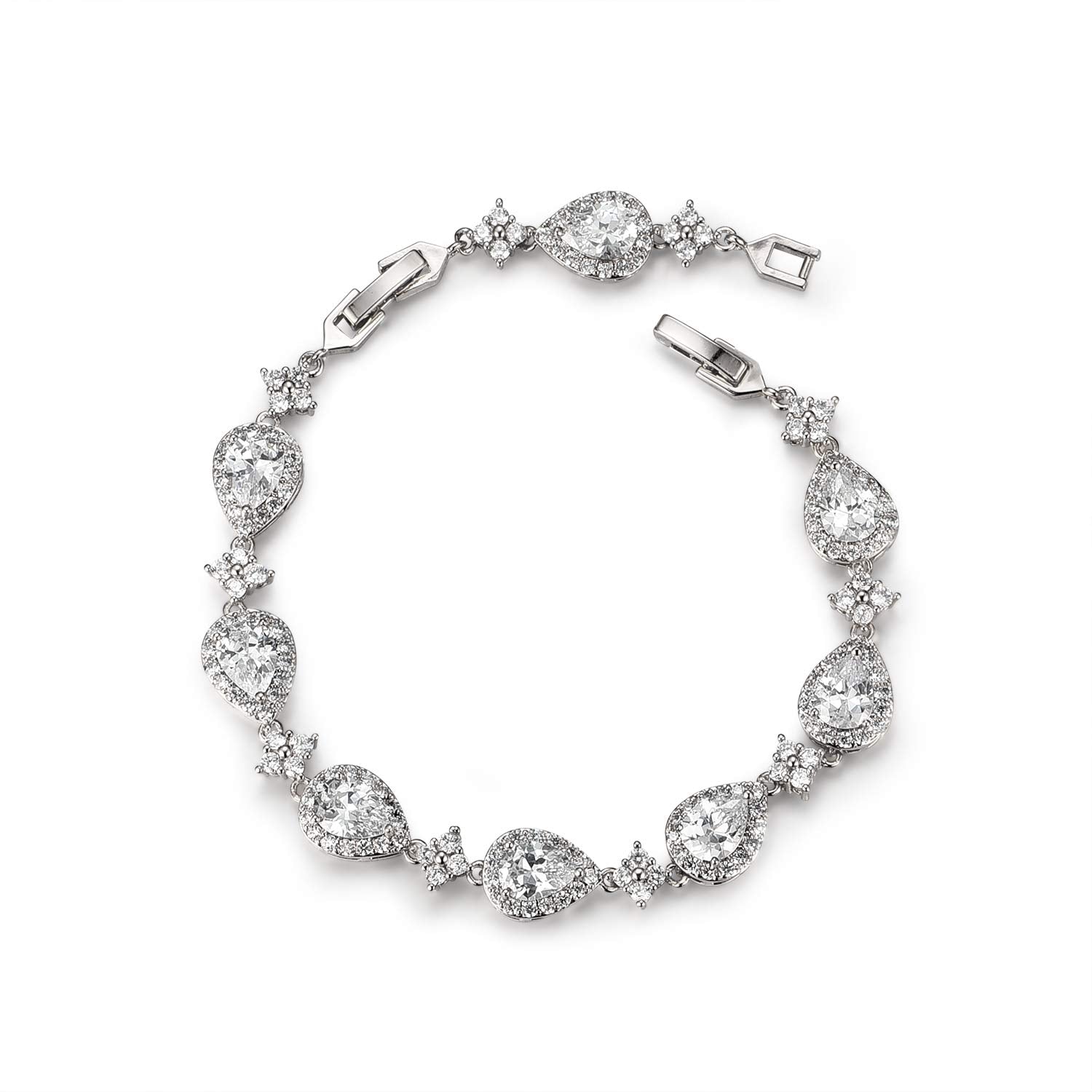 SWEETV Wedding Teardrop Bracelets for Brides Bridesmaids, Crystal Cubic Zirconia Bridal Bracelets for Women Prom, Silver