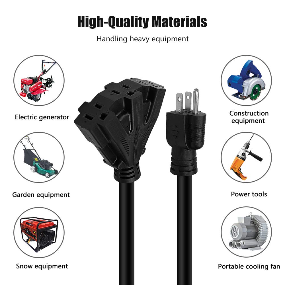 50FT 12/3 Outdoor Extension Cord, Heavy Duty 3-Outlet SJTW Indoor/Outdoor Three-Prong Power-Cord 12-Gauge Grounded 15-Amp 1875 Watts