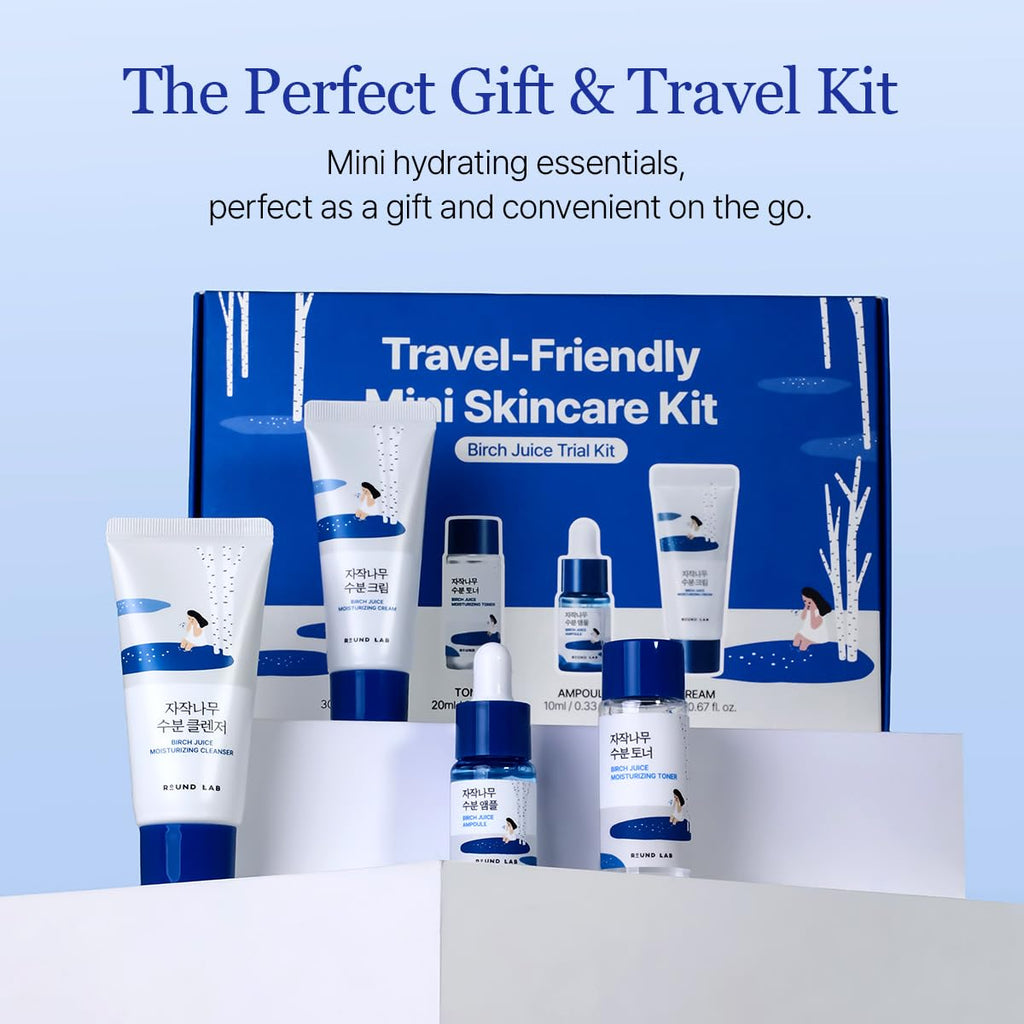 ROUND LAB Birch Juice Moisturizing Mini Kit, 4-Step Travel Size Skincare Set (Cleanser, Toner, Serum, Cream), Daily Skin Care Routine Trial Kit for Acne-Prone and Sensitive Skin, Korean Skin Care