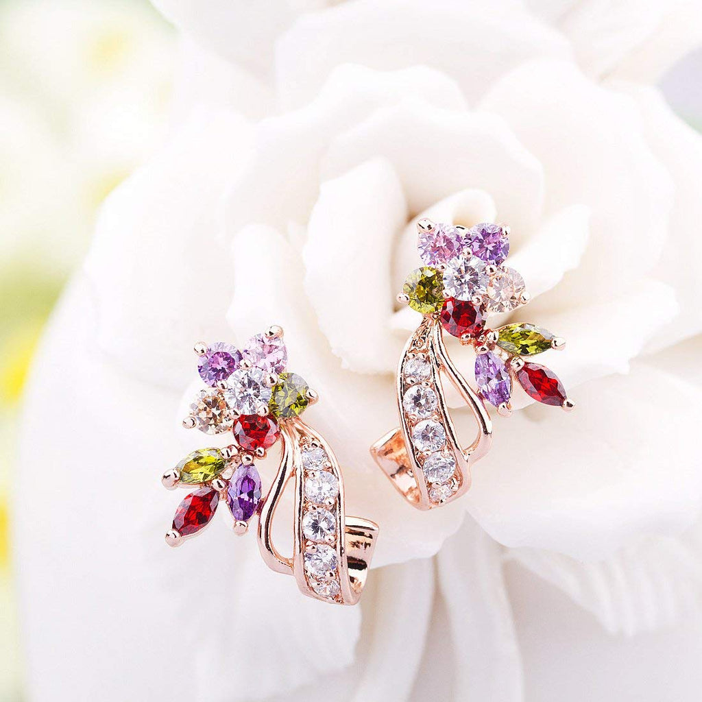 BISAER Rose Gold Multicolor CZ Flower Stud Earrings for Women Lady Trendy