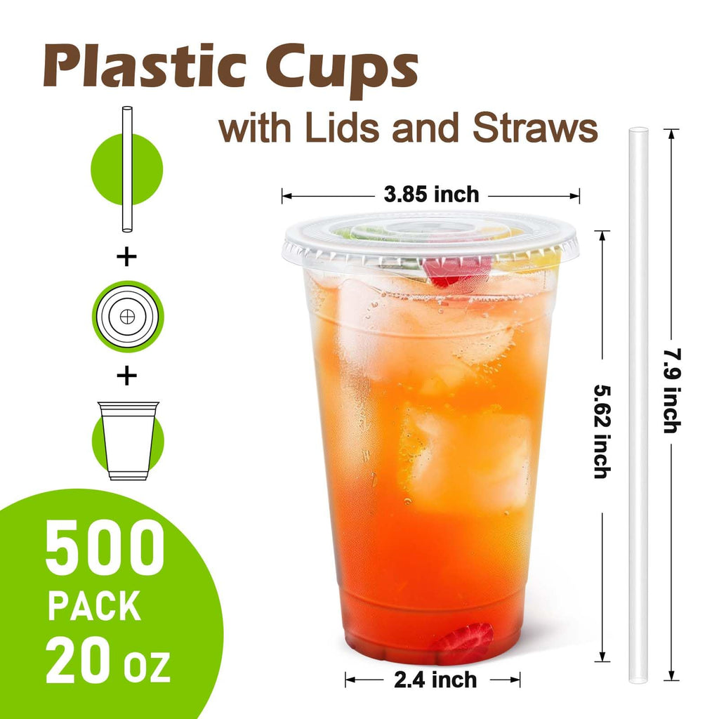 Clawsoff 500 Pack 20 oz Disposable Clear Plastic Cups with Lids and Straws, Leak-Proof Sturdy Cold Drink Cups for Iced Coffee, Smoothies, Juice, Parties & Business