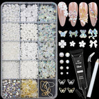 Flatback Nail Art Pearls Flower Bow Nail Charms with Nail Rhinestones Glue Gel Gold Silver Butterfly Nail Supplies Colorful Nail Pearls Rhinestones Gems for Women Acrylic Nail Decoratons