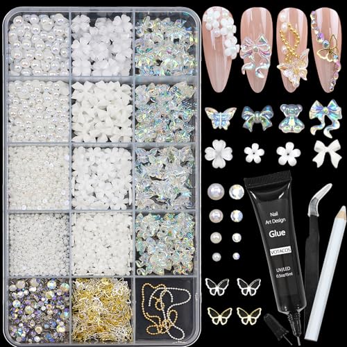 Flatback Nail Art Pearls Flower Bow Nail Charms with Nail Rhinestones Glue Gel Gold Silver Butterfly Nail Supplies Colorful Nail Pearls Rhinestones Gems for Women Acrylic Nail Decoratons