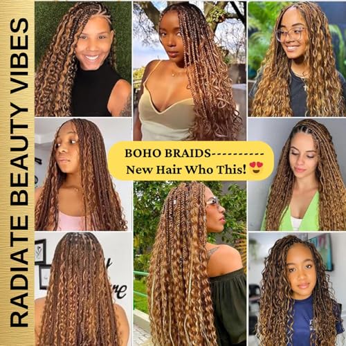 Highlighted Honey Blonde Braiding Human Hair for Boho Knotless Braids 18 Inch 100G FULL BULK, Ombre 4/27 Curly Braiding Hair Deep Wave Human Hair Bulk, No Weft Blonde & Brown Hair Extensions
