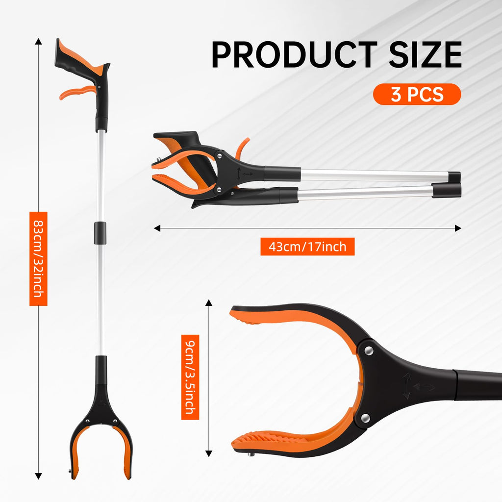 NOEAIKE Grabber Reacher Tool,3-Pack 32" Foldable Reacher Grabber Pickup Tool with 360° Rotating Jaw & Magnetic Tip, GarbageTrash Picker Upper Grabber,Lightweight Grabbers for Seniors/Elderly