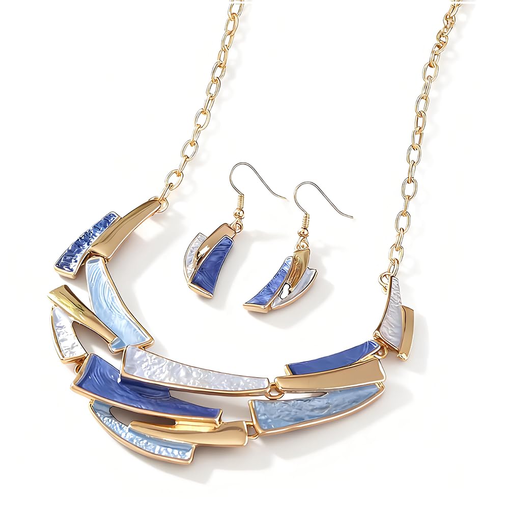 JWIGP Boho Geometric Statement Jewelry Set for Women, Blue Enamel Chunky Gold Necklace Earrings Retro Vintage Layered Chunky Collar Fashion Jewelry Gifts (Blue set)