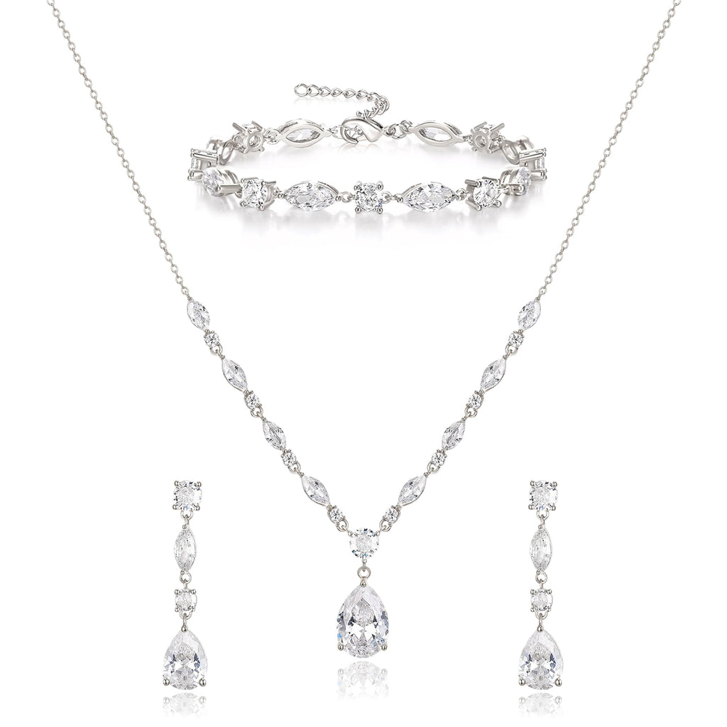 Clear Cubic Zirconia Drop Wedding Jewelry Set for Bride Bridesmaid Silver