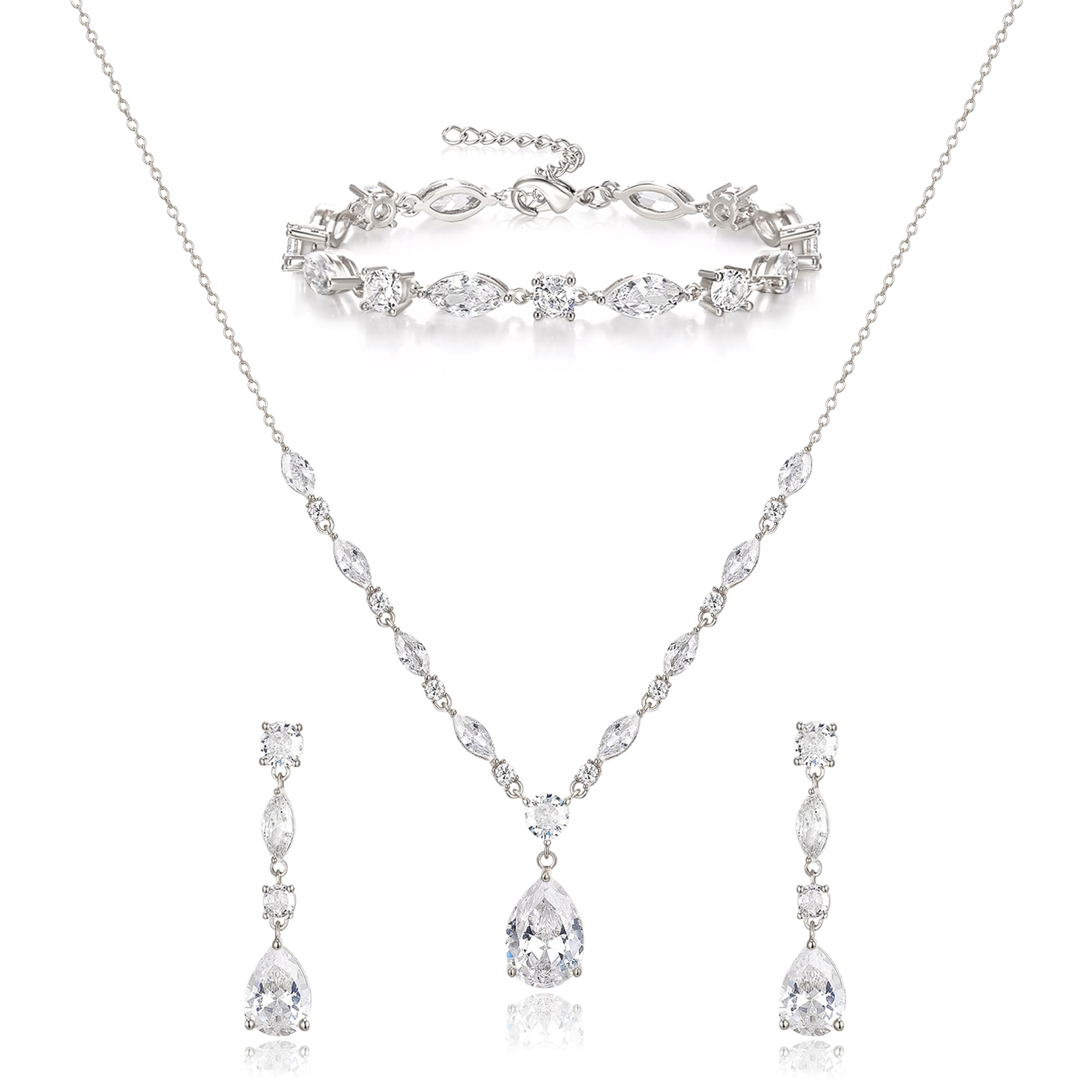 Clear Cubic Zirconia Drop Wedding Jewelry Set for Bride Bridesmaid Silver
