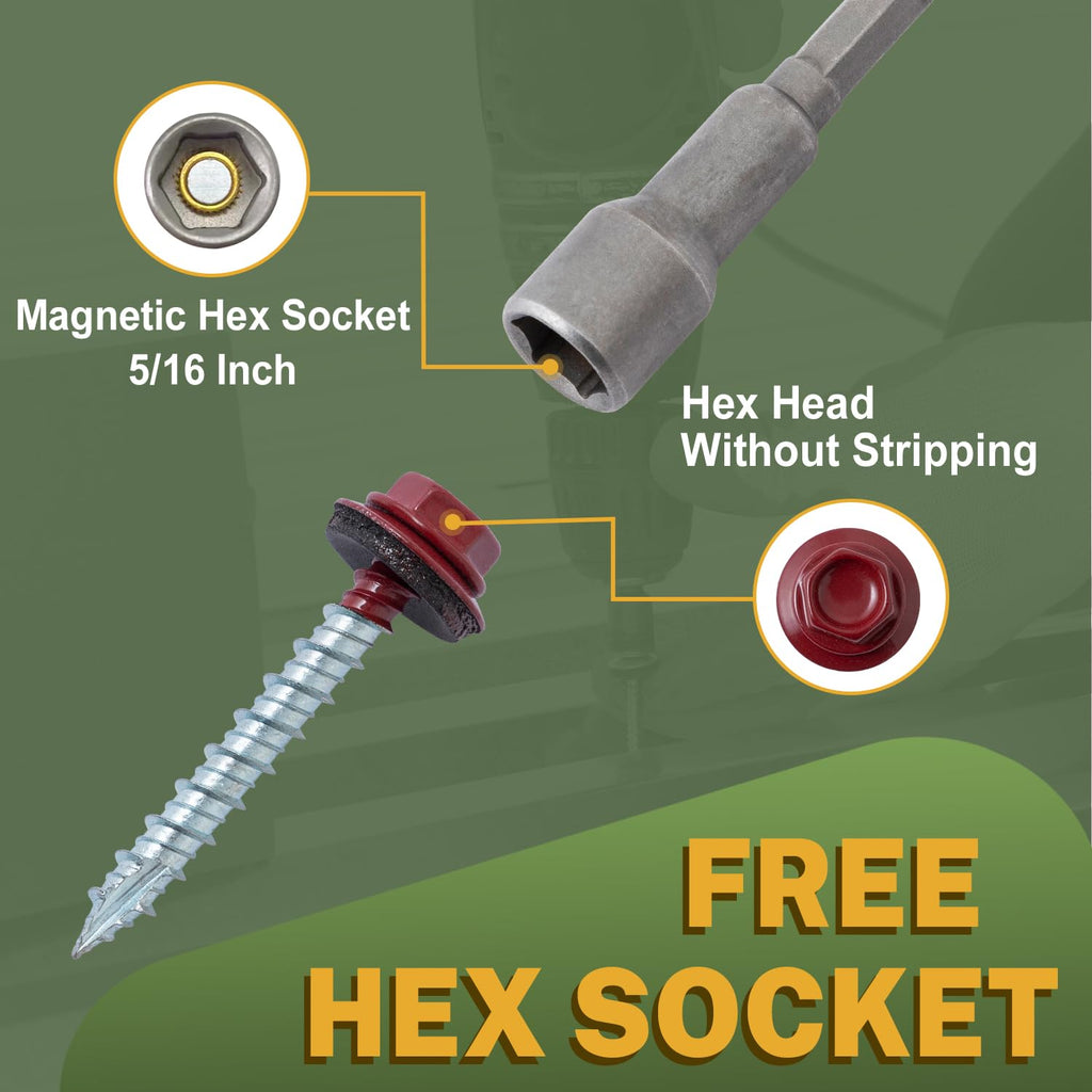 LIONMAX Metal Roofing Screws #10 × 1-1/2 Inch, 300-PCS, Dark Red Painted Hex Head Sheet Metal Roof Screws, Rubber Washer, Sharp Point, Metal to Wood Siding Screws, Hex Socket Included