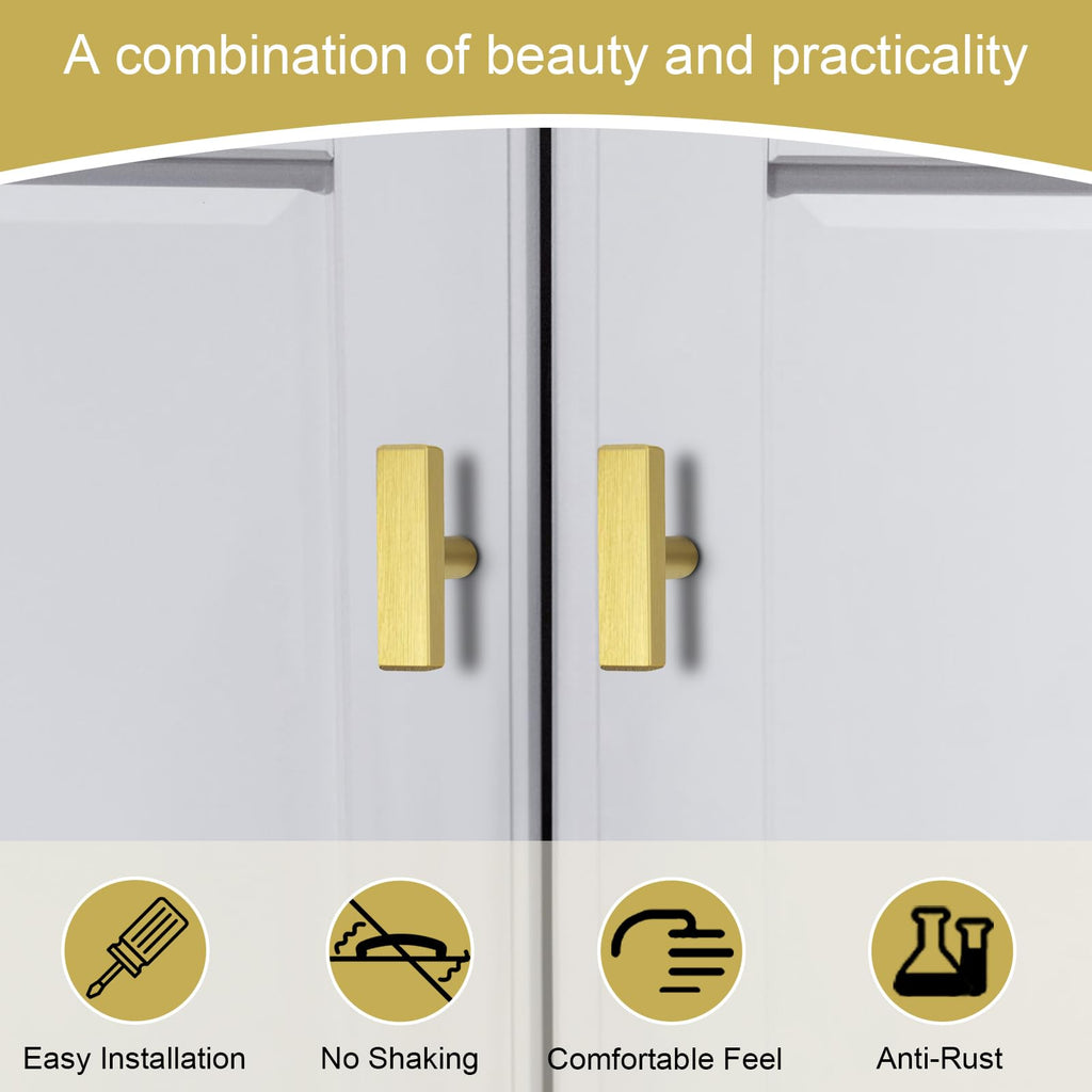 AEEKEL 30 Pack Brushed Brass Cabinet Knobs Single Hole Drawer Pulls, 2" Length Square Stainless Steel Kitchen Handles for Bedroom Bathroom Office