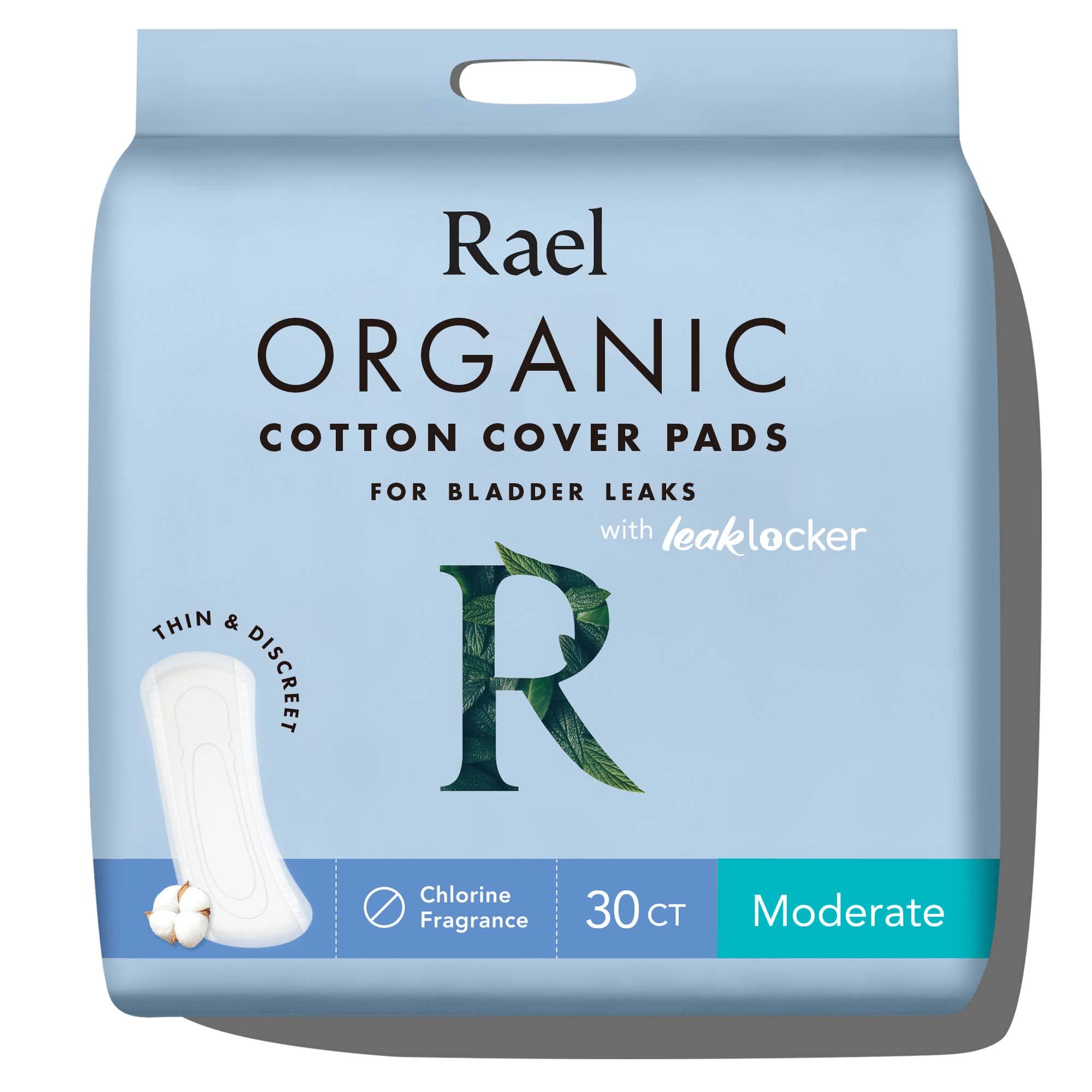Rael Incontinence Pads for Women, Organic Cotton Cover, Postpartum Essential, Heavy Absorbency, Bladder Control, 4-Layer Core with Leak Guard Technology, Long Length (Moderate, 30 Count)