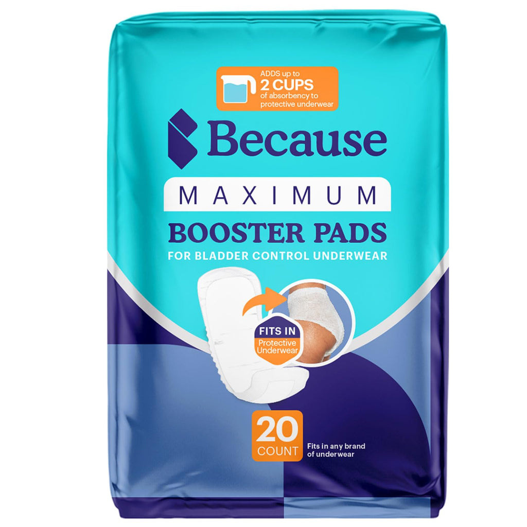 Because Maximum Incontinence Booster Pads, Adult Diaper Doubler Adds 2 Cups of Extra Absorbency, Discreet, Soft Leak Protection for Men & Women, Fits Inside Disposable Underwear, 20 Count