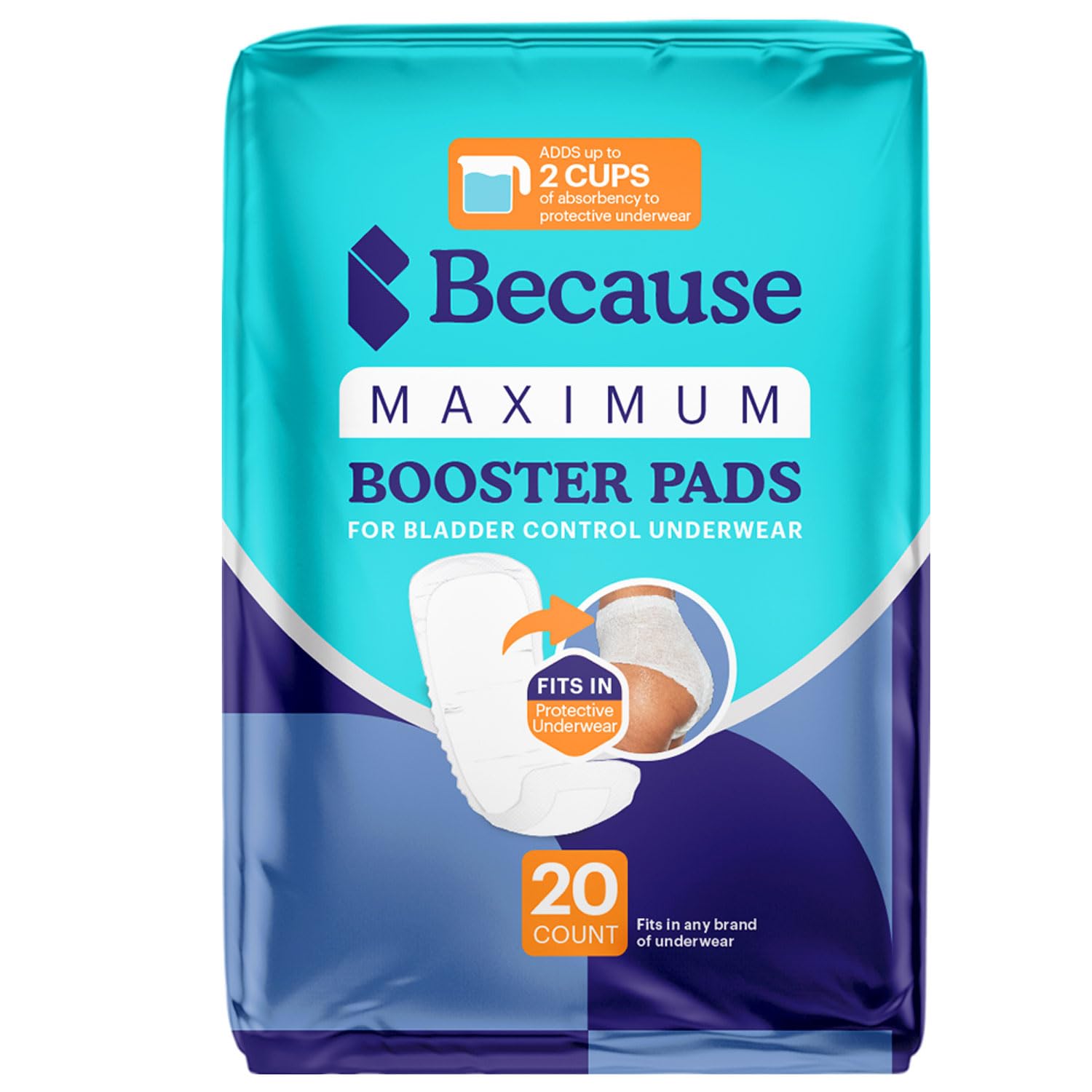 Because Maximum Incontinence Booster Pads, Adult Diaper Doubler Adds 2 Cups of Extra Absorbency, Discreet, Soft Leak Protection for Men & Women, Fits Inside Disposable Underwear, 20 Count