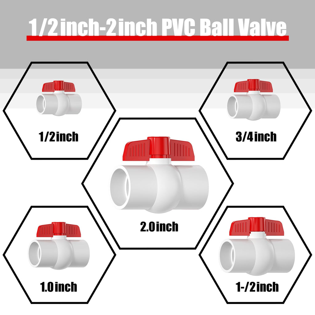 EPHECH 2PCS 2" PVC Ball Valve, SCH40 Slip PVC Water Pipe Valve with Easy Turn Red T-Handle, Shut-Off PVC Ball Valve Socket for Swimming Pool, Sprinkler Lines, Outdoor Plumbing & Irrigation System