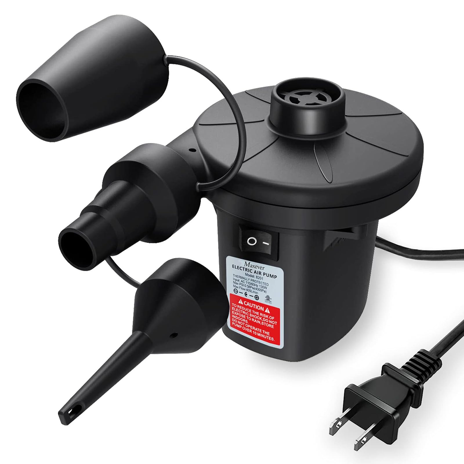 MAXEVER Quick-Fill Electric Air Pump with 3 Nozzles, AC 110V-120V Portable Inflator Deflator for Inflatables Pool Float Toys Air Mattress Bed Couch Swim Ring Tube Raft, Black