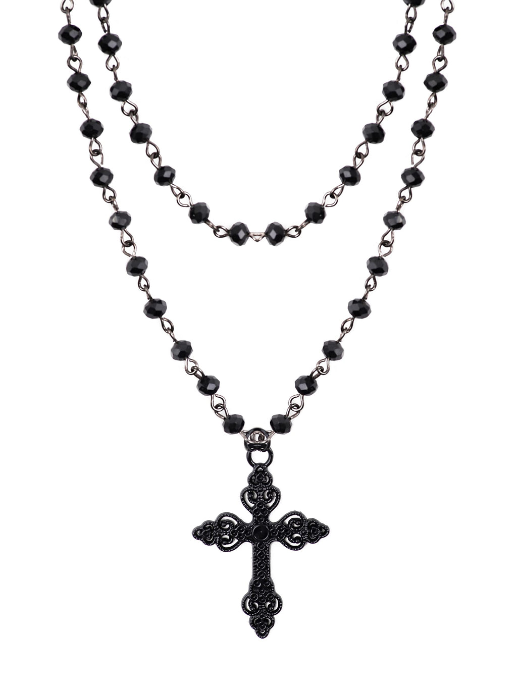 Layered Black Beaded Cross Choker, Goth Gothic Emo Punk Grunge Necklace