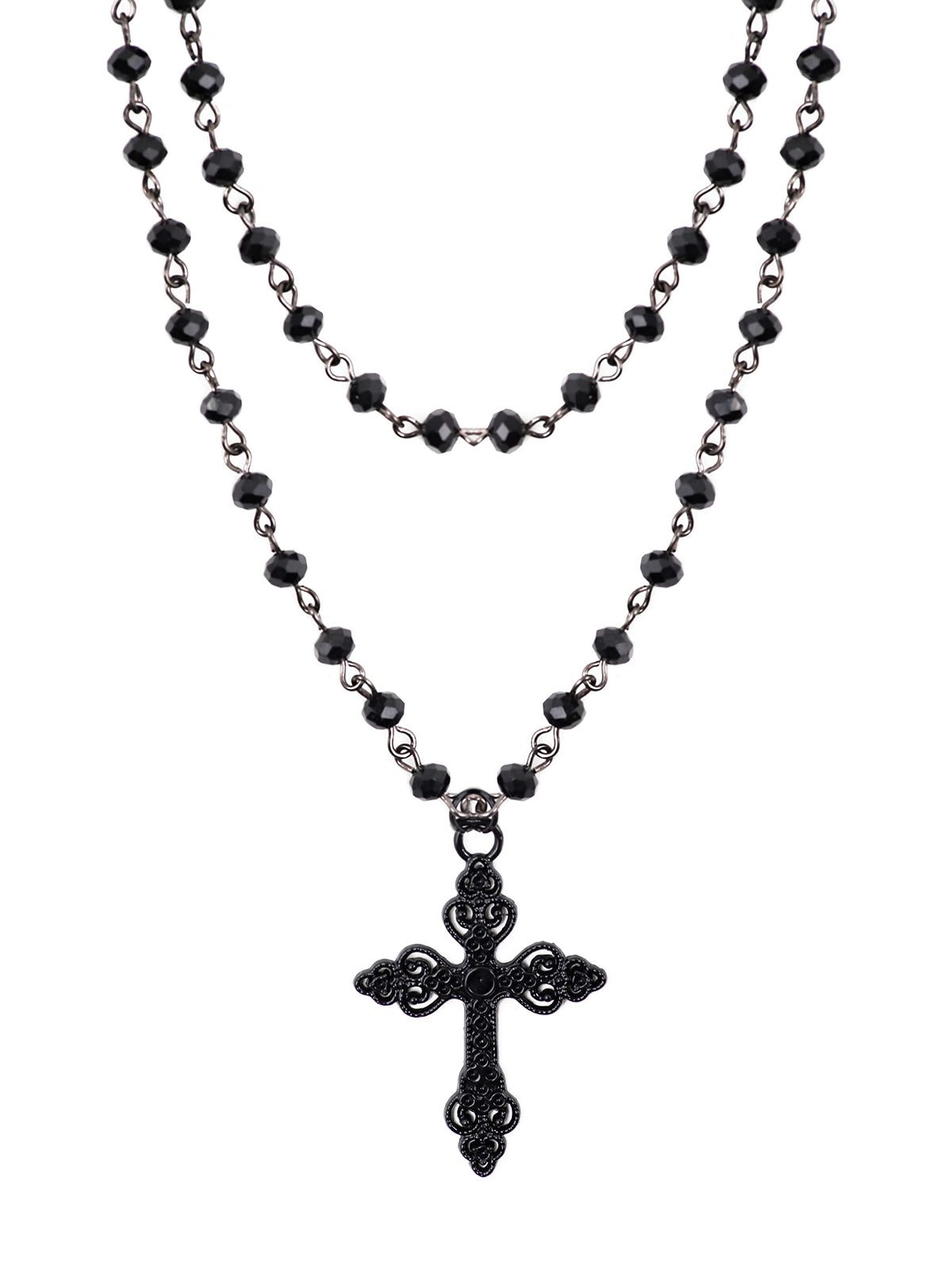 Layered Black Beaded Cross Choker, Goth Gothic Emo Punk Grunge Necklace
