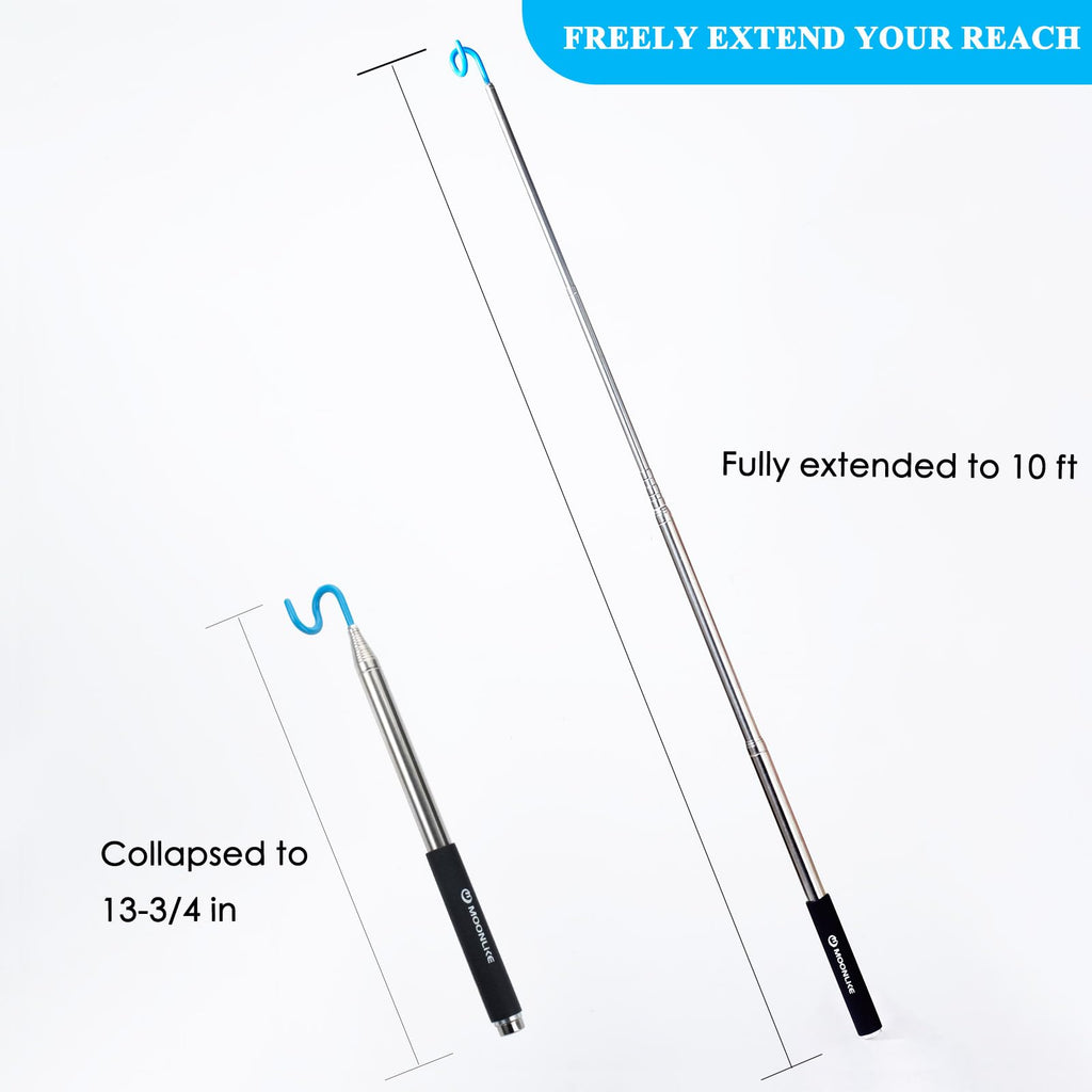 Moonlike Telescoping Pickup Tool Magnetic Pole with Hook, 10 ft Telescopic Grabber Hook Pole Wire Reacher Tool, Push Pull Rod