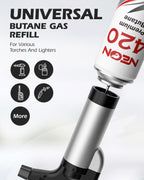 NEON Butane Refill 420ml, 11X Ultra Refined 0 Impurities Butane Fuel, Premium Universal Lighter Fluid with Metal Nozzle and 5 Butane Gas Refill Adapters for Refillable Lighters and Torches, 12 Cans