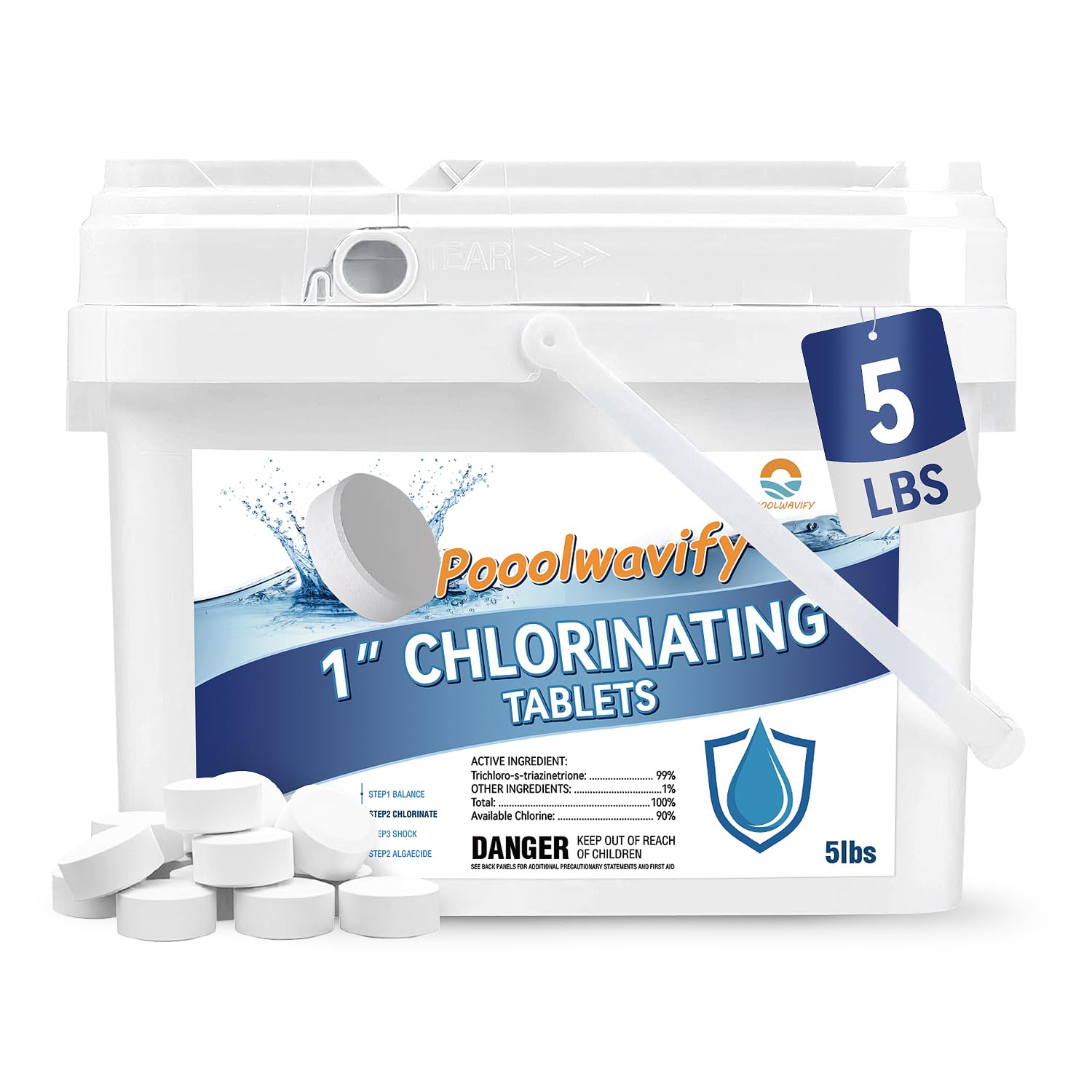 1 Inch Chlorine Tablets for Pools & Spas, 5 LB – Slow Dissolving Stabilized Trichlor Tabs with 90% Available Chlorine for Hot Tubs, Above-Ground & In-Ground Pools