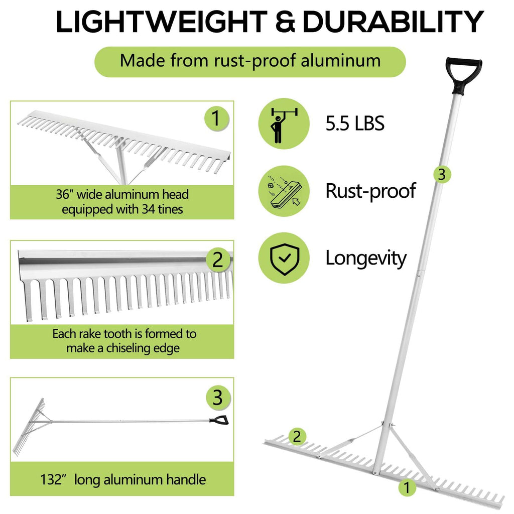 PVNIEFC Floating Lake Rake, 36" Aluminum All Purpose Lake and Landscape Rake with 11' Extension Handle and 52' Rope, Weed & Algae Removal