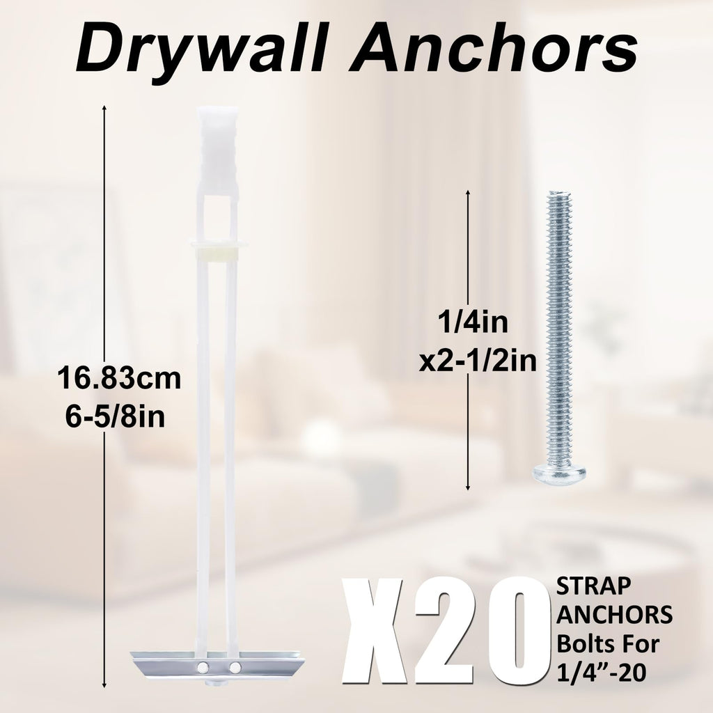 Heavy Duty Drywall Anchor Bolts with 1/4"-20 Fastener Suitable for TV Mounting Hollow Wall Anchor Bolt Screw Kit Supports Up to 270 lbs Each on 1/2 Inch Drywall Pack of 20