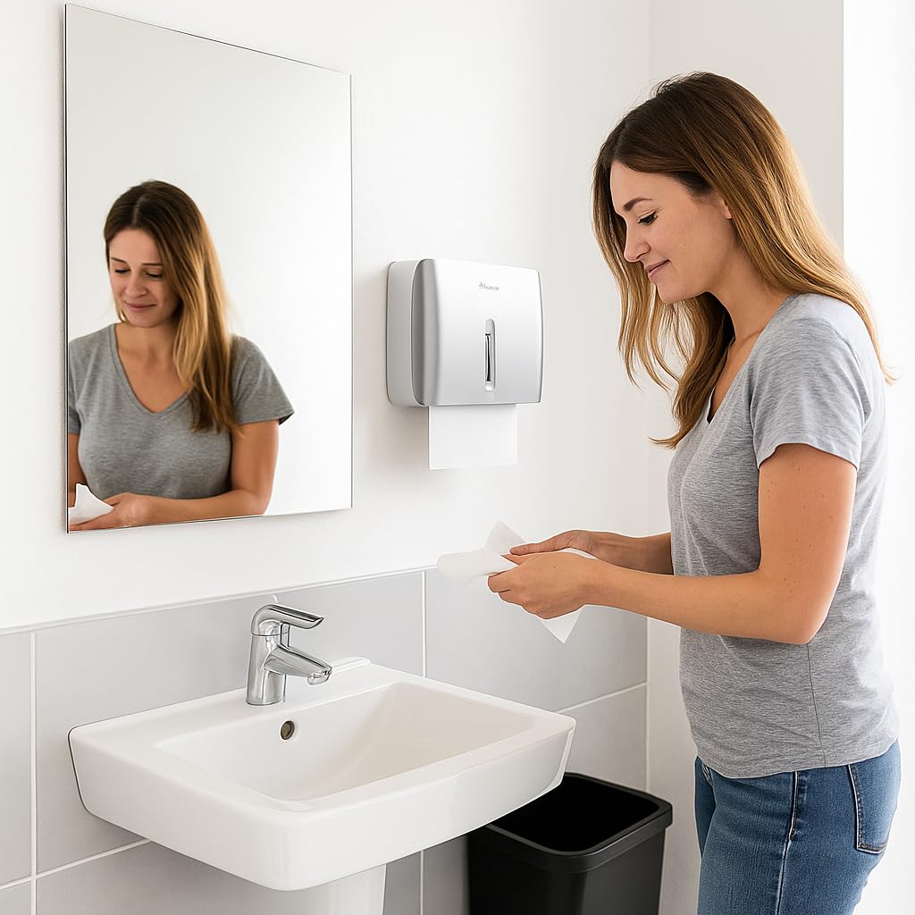 PLUSSEN Paper Towel Dispenser Wall Mount Commercial & Home Use ABS Matte Silver Gray with Window Holds 200 C/Z/Multi-Fold Towels Includes Hardware & Key Bathroom Paper Towel Holder