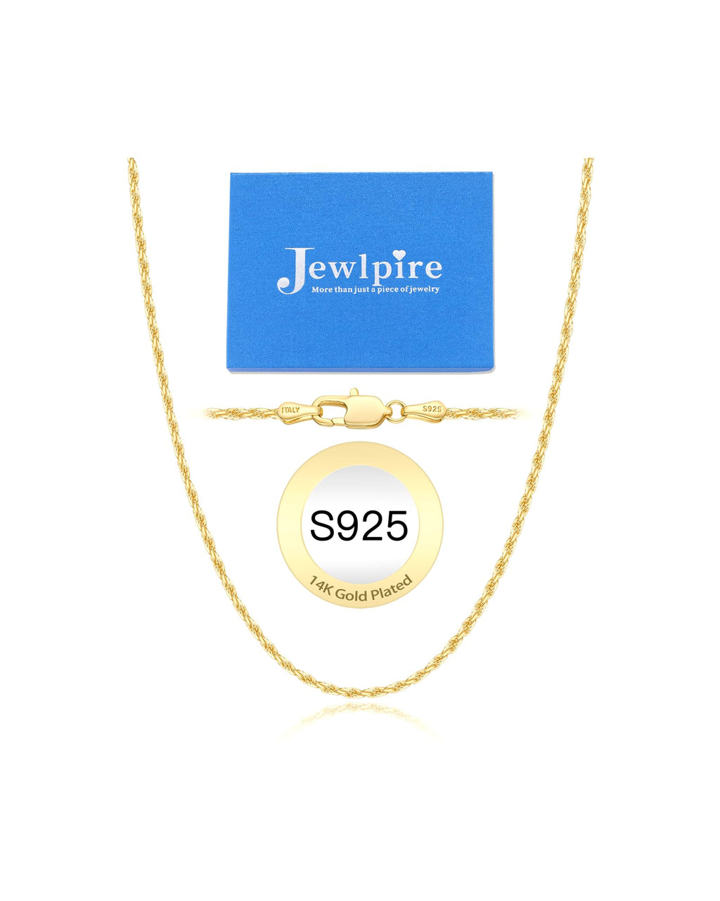 Jewlpire 14K Gold Plated Chain Necklace for Women, 2MM Rope Chains 14K Gold Plated Chain for Women Sturdy & Comfortable Womens Chains Necklace, 20 Inch