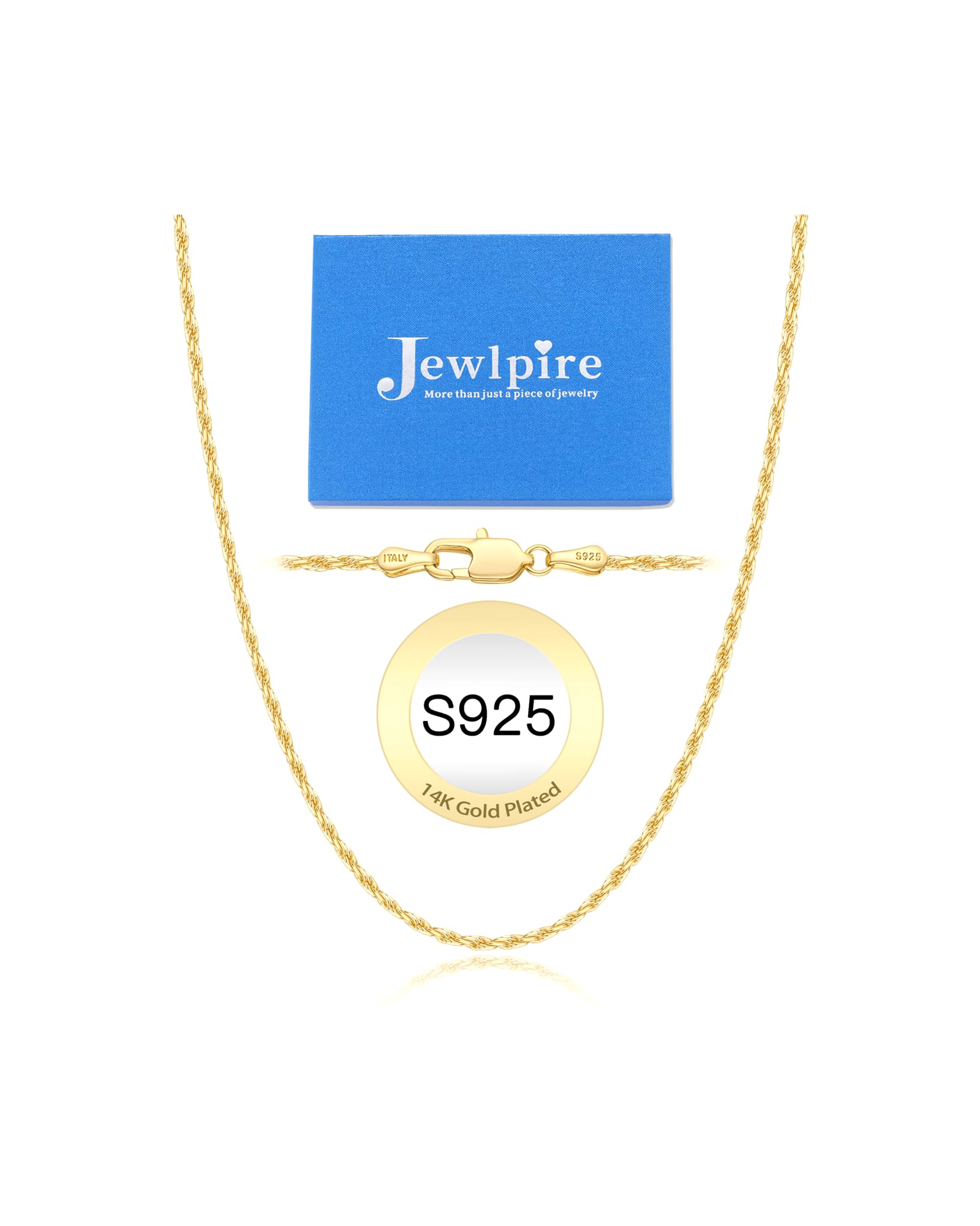 Jewlpire 14K Gold Plated Chain Necklace for Women, 2MM Rope Chains 14K Gold Plated Chain for Women Sturdy & Comfortable Womens Chains Necklace, 20 Inch