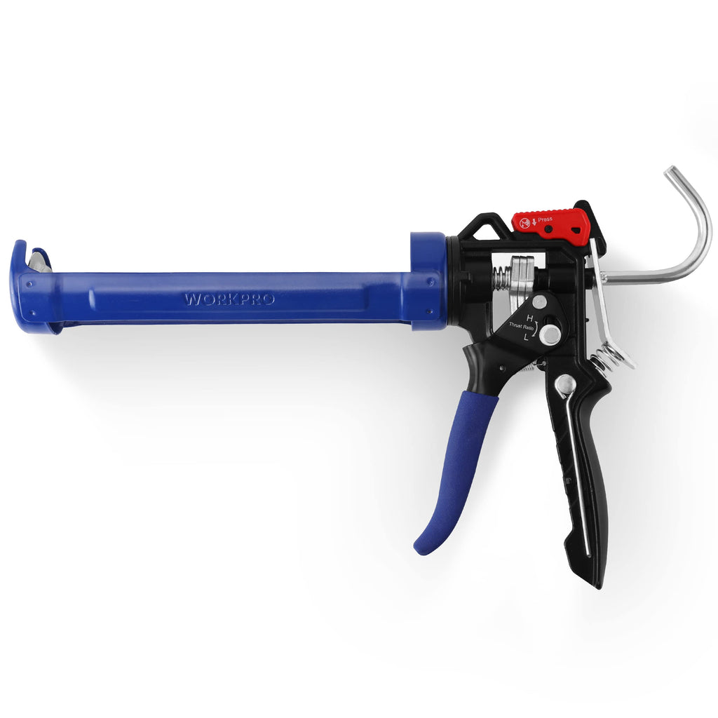 WORKPRO Caulking Gun, Adjustable Hand Caulk Gun, Less-Dripping Regulating, Sealant Silicone Gun with Comfort Grip, 9:1 & 18:1 Thrust Ratio, Smooth Round Rod for 10oz Caulk Tubes