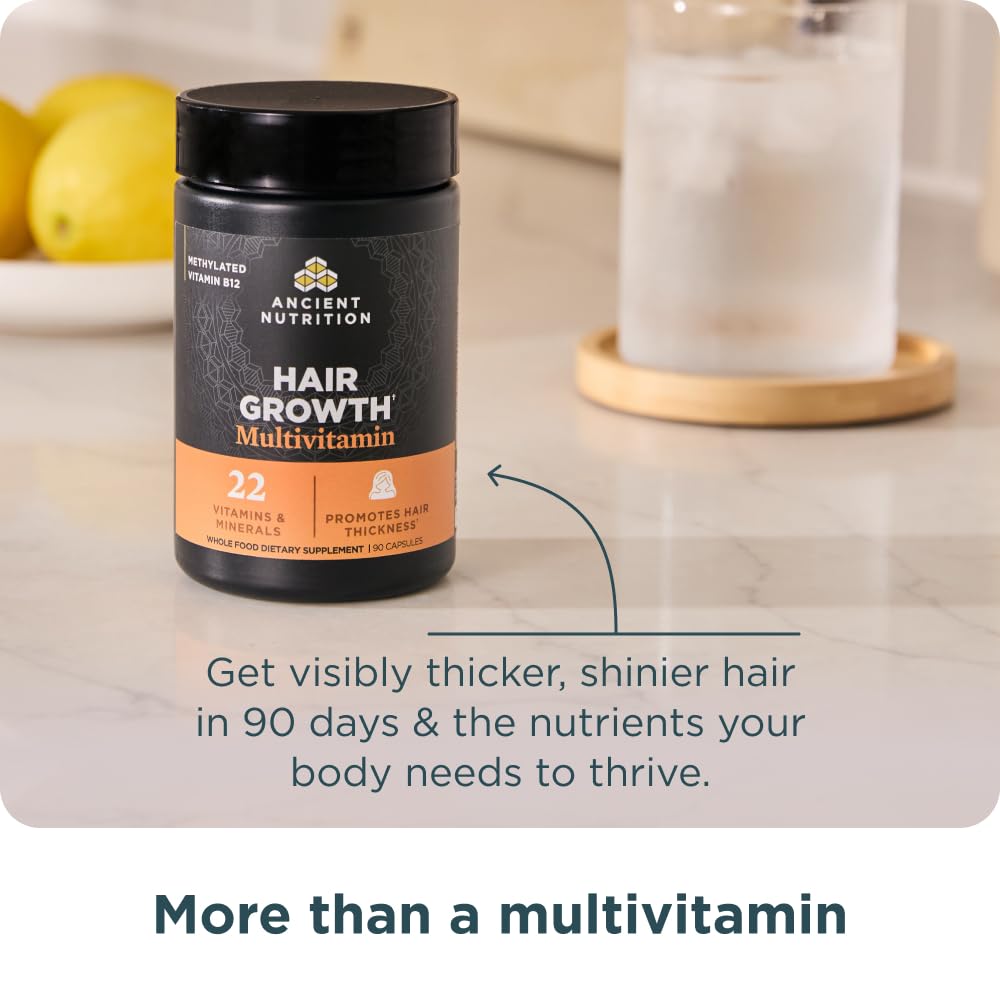 Ancient Nutrition Hair Growth Multivitamin – Supports Thicker Hair, Less Shedding, Smoother Skin & Stronger Nails – with Solubilized Keratin, Powered by Peptides, 22 Vitamins & Minerals – 30 Servings
