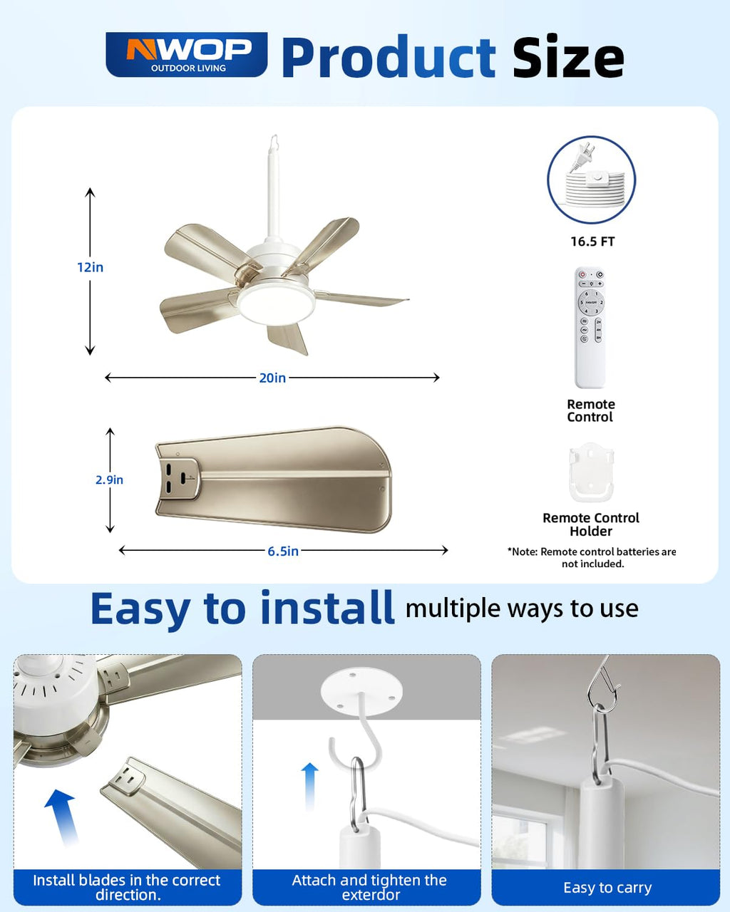 NWOP 20 Inch Plug-In Outdoor Ceiling Fan with Light and Remote, Waterproof Wet Rated Mini Ceiling Fan for Small Spaces, 5 Blade Quiet Compact Ceiling Fan for Patio Balcony Gazebo Porch, Platinum