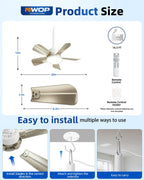 NWOP 20 Inch Plug-In Outdoor Ceiling Fan with Light and Remote, Waterproof Wet Rated Mini Ceiling Fan for Small Spaces, 5 Blade Quiet Compact Ceiling Fan for Patio Balcony Gazebo Porch, Platinum