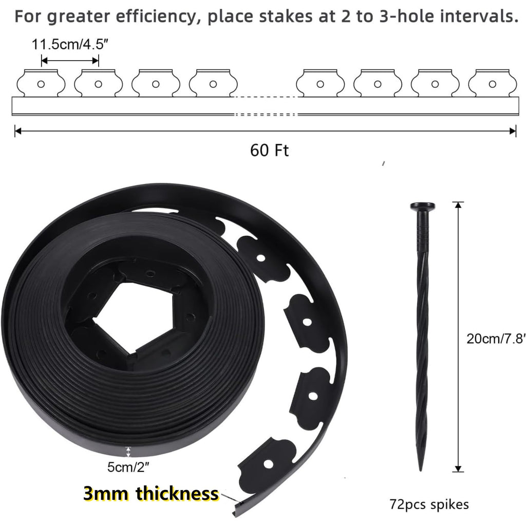 No Dig Durable Garden Landscape Edging Kit, 2" Tall Black Plastic Lawn Border for Landscaping, Flower Gardens, Lawn (100FT+ 120pcs Anchoring Spikes, Black)