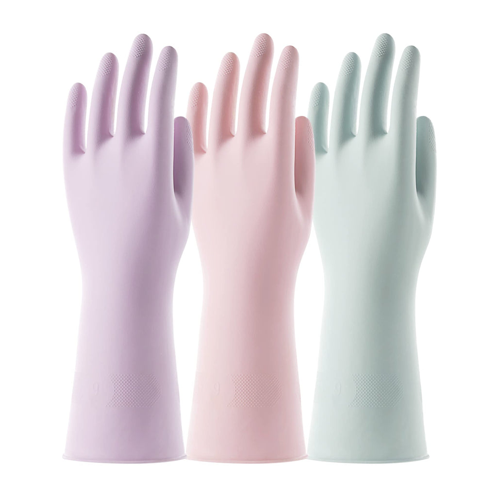 COOLJOB 3 Pairs Yellow Reusable Rubber Gloves for Dishwashing - Cleaning and Kitchen Household Uses - Grippy Latex with Flocked Cotton Liner - Water Resistant - Small