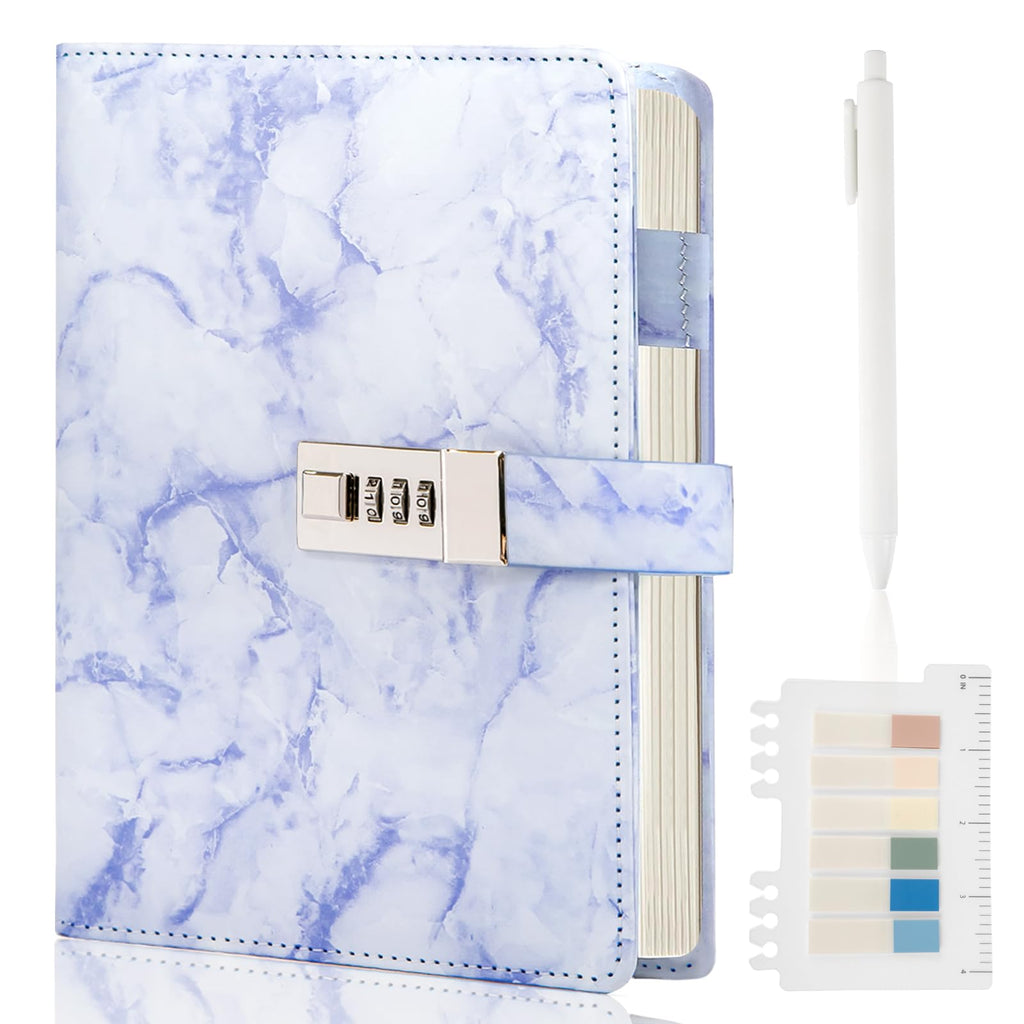 Kutoda Marble Diary with Lock, 192 Pages College Ruled Secret Journal with Lock, Waterproof A5 locked journal for women, Cute Diary Stuff for Teen Girls (Purple)