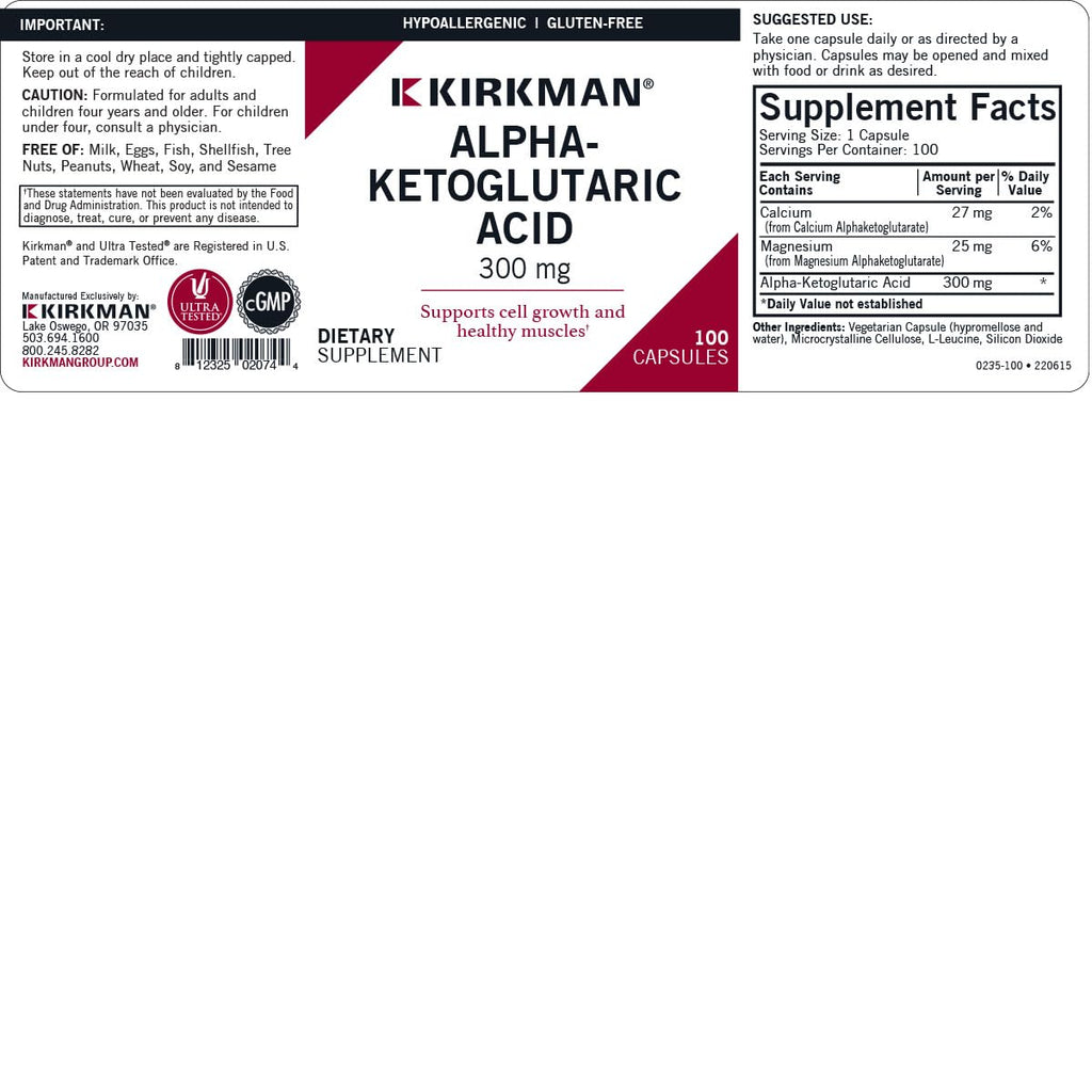 Kirkman Alpha-Ketoglutaric Acid 300 mg - Hypoallergenic | 100 Vegetarian Capsules
