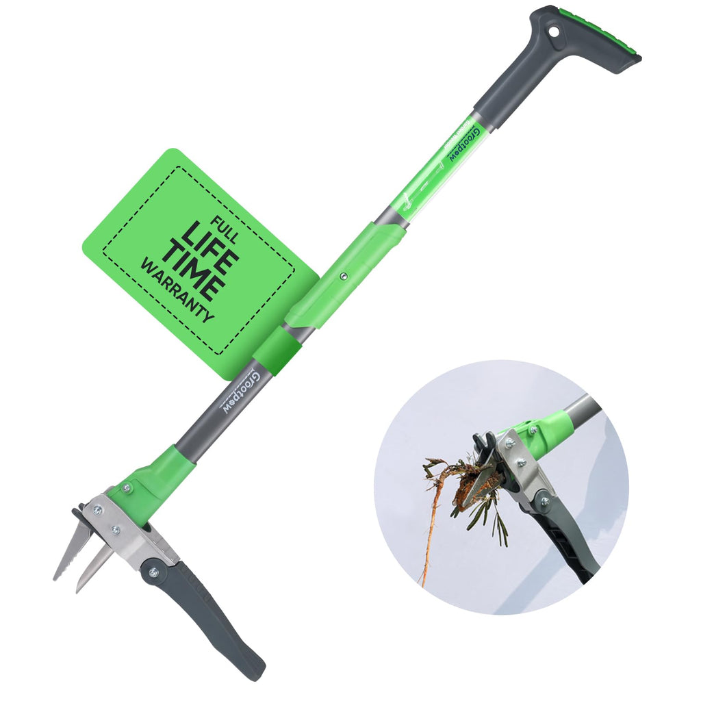 Grootpow WP5 Heavy Duty Weed Puller Tool, Stand Up Dandelion Weeder with 40" Handle, 3 Claws & Fiberglass Foot Pedal, Weeding Tool Made with Cast-Iron, Easily Remove Weeds Without Bending or Kneeling
