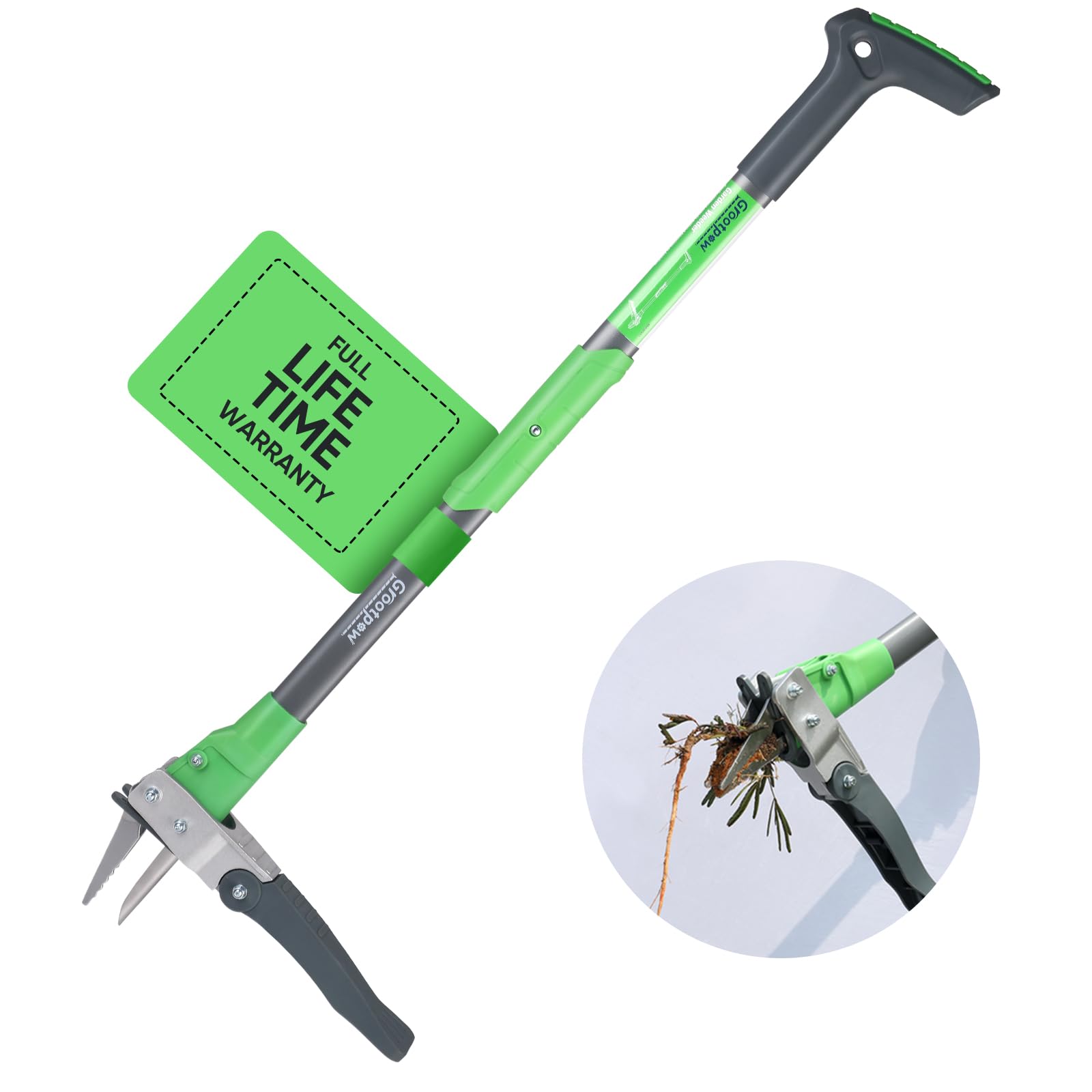 Grootpow WP5 Heavy Duty Weed Puller Tool, Stand Up Dandelion Weeder with 40" Handle, 3 Claws & Fiberglass Foot Pedal, Weeding Tool Made with Cast-Iron, Easily Remove Weeds Without Bending or Kneeling