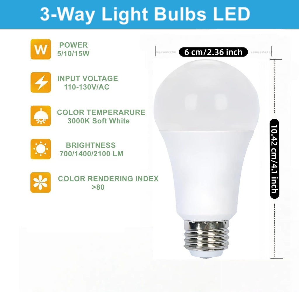 6-Pack 3 Way Bulb 30 70 100W Replacement LED Light Bulbs, Daylight 5000K, Three Way A19 Bulbs with E26 Base for Floor Lamps, Table Lamps