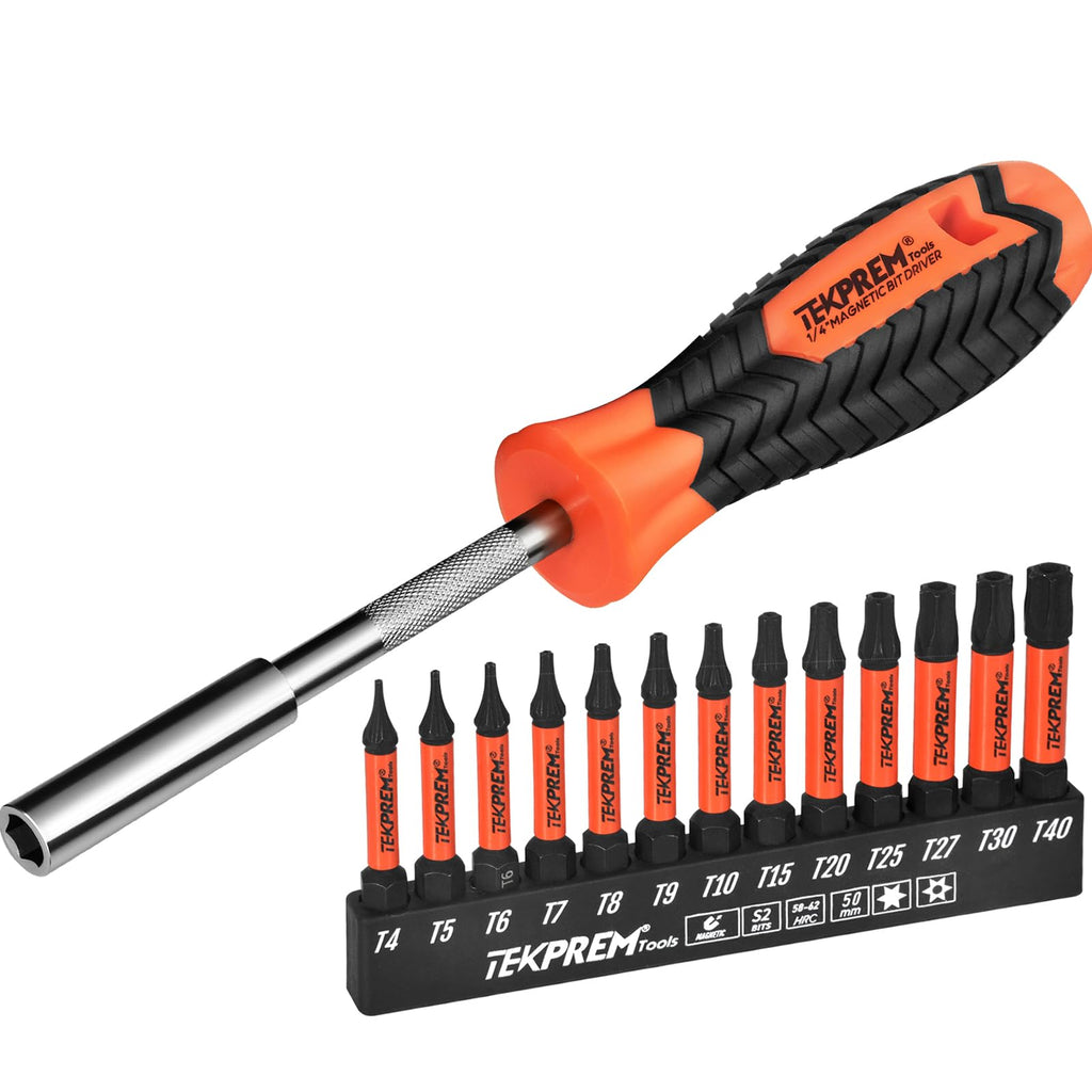 Long Torx Bit Set with Magnetic Bit Driver,TEKPREM 13-Piece Security Torx Screwdriver Bit Set with 2 inch T4 T5 T6 T7 T8 T9 T10 T15 T20 T25 T27 T30 T40 Tamper Resistant