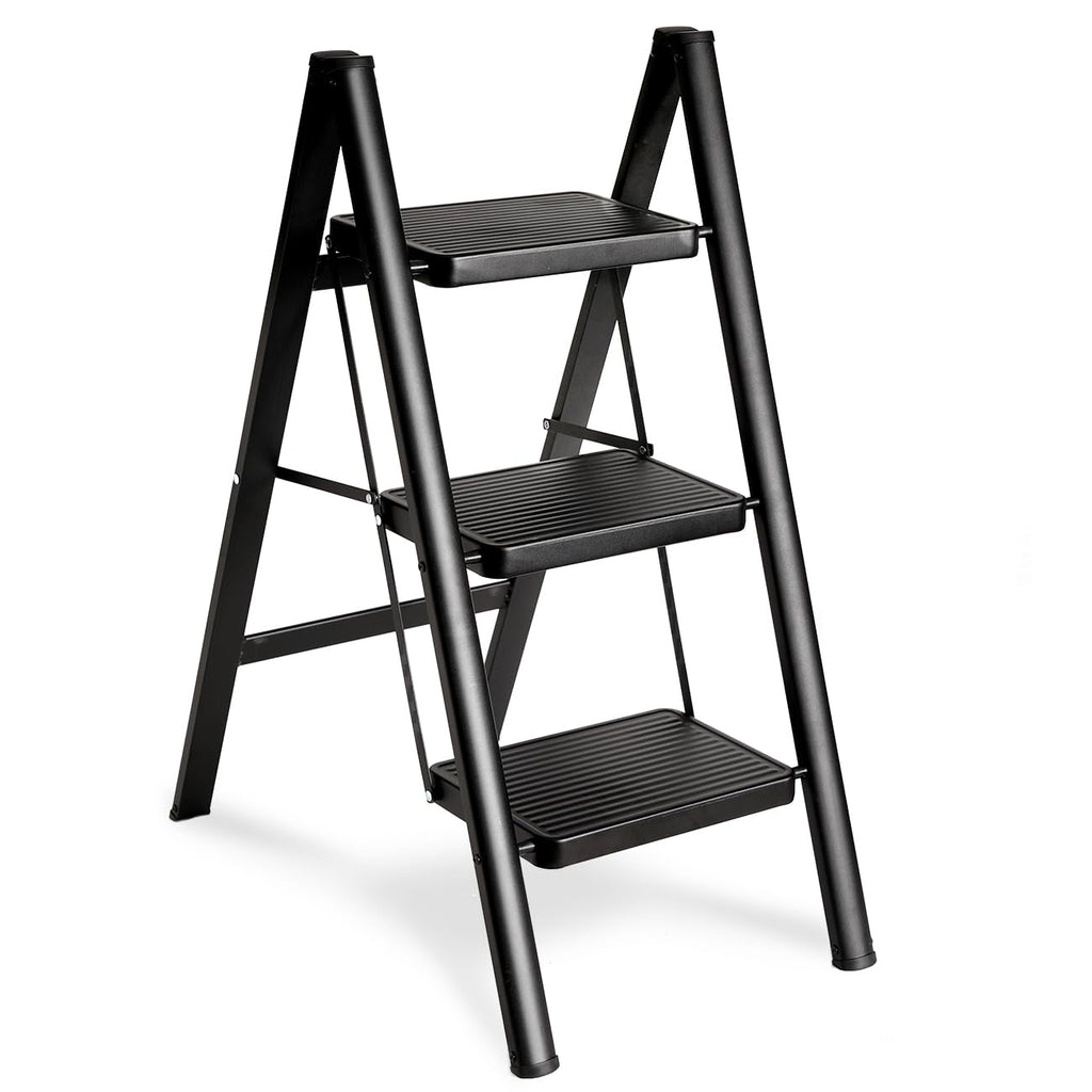 Double Elite Folding 3 Step Ladder, Sturdy 330 Lbs Load Small Step Stool for Adults, Safer Full Steel Multi-use Kitchen Ladder for Home, Closet Step Stool Ladder with Wide Pedals, Black, 3-Step