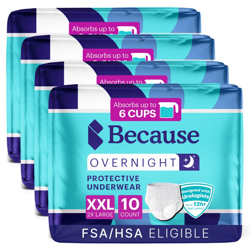 Because Overnight Absorbency Pull Ups - Adult Disposable Incontinence Underwear, Extra Absorbent Nighttime Briefs for Men and Women, White, XXLarge, 40 Count (4 Packs of 10)