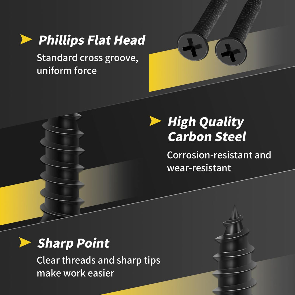 Wood Screws 2 Inch, 70 PCS FIXLINK Premium Flat Head Phillips Black Wood Screws, Self Tapping Electrophoresis Used in Indoor Furniture, Woodworking (#8 x 2)