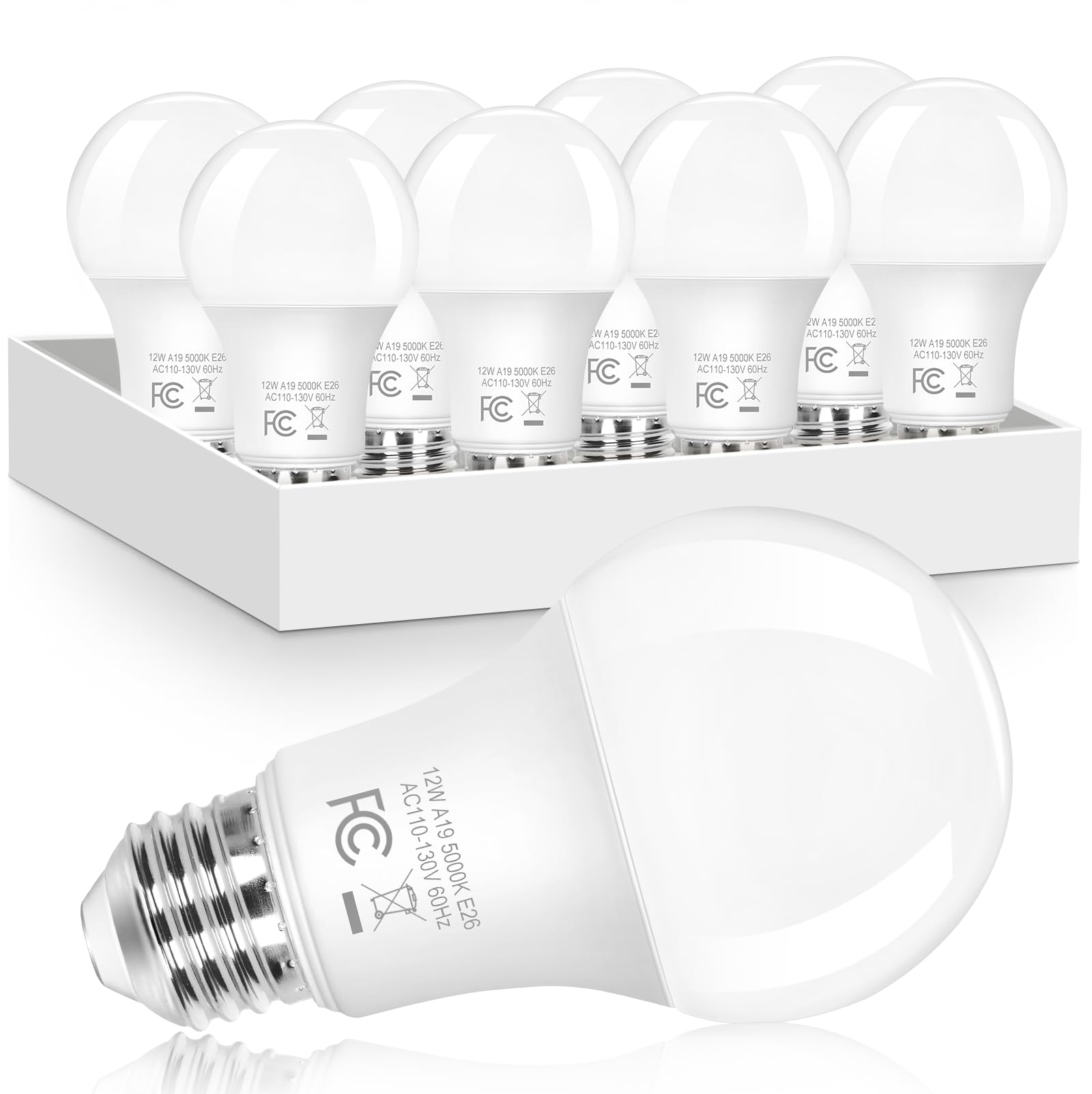 Brightever A19 LED Light Bulbs Dimmable, 100 Watt Equivalent Light Bulbs, Daylight White 5000K, 1100 Lumens, 12W Bright E26 LED Bulb, Energy Efficient for Bedroom Living Room Home Office Lamp, 8-Pack