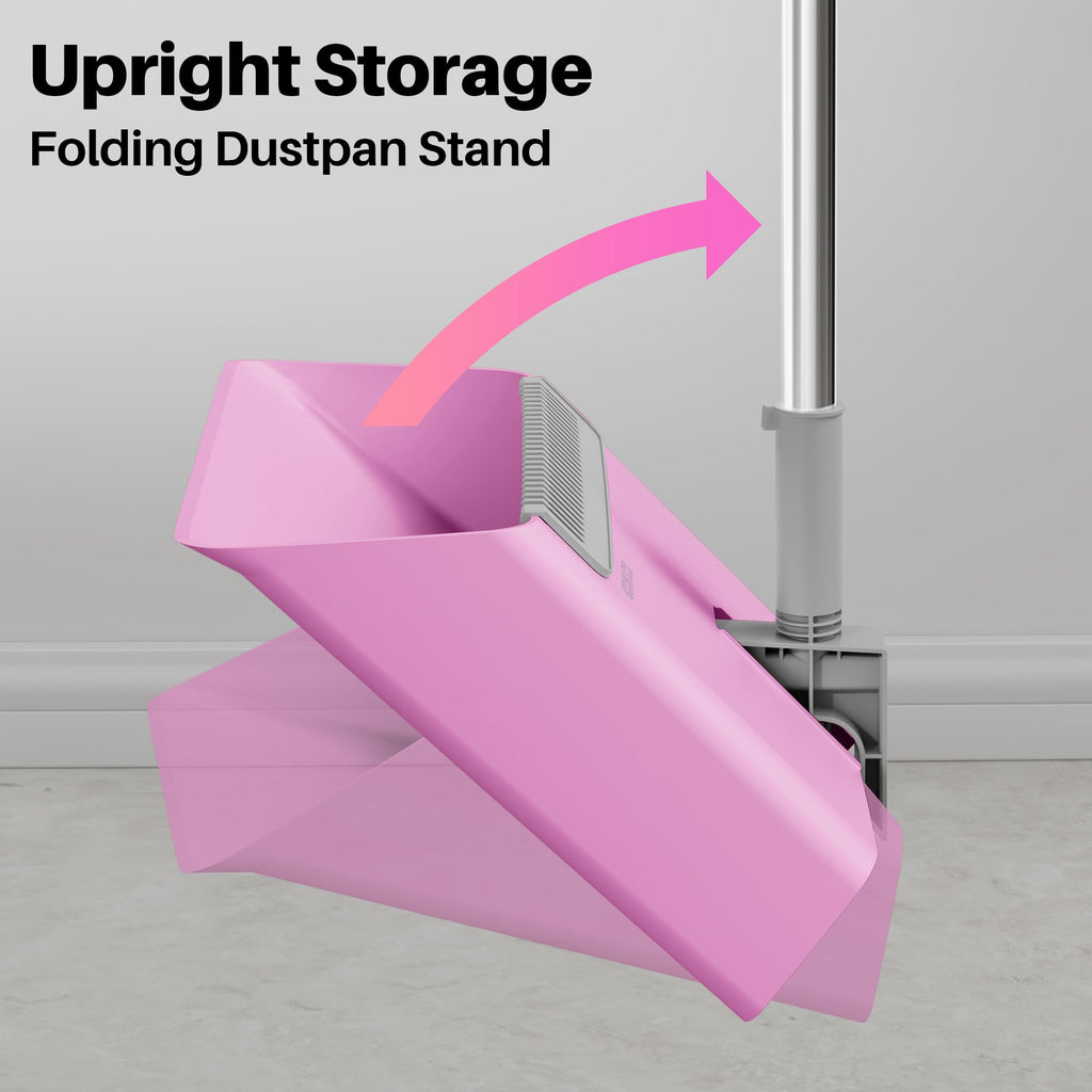 JOYMOOP Pink Broom and Dustpan Set with 56” Handle, Upright Angle with Built-in Comb Teeth for Hardwood Floors and Pet Hair