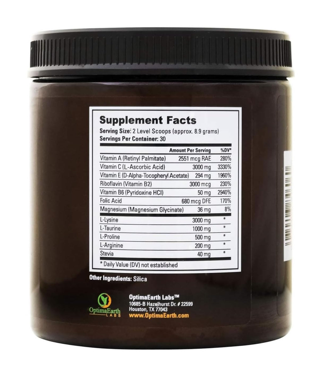 OptimaEarth Optima Heart - High-Dose Vitamin C and L-Lysine Powder Inspired by Linus Pauling, 3,000mg Each Per Serving, 30 Servings