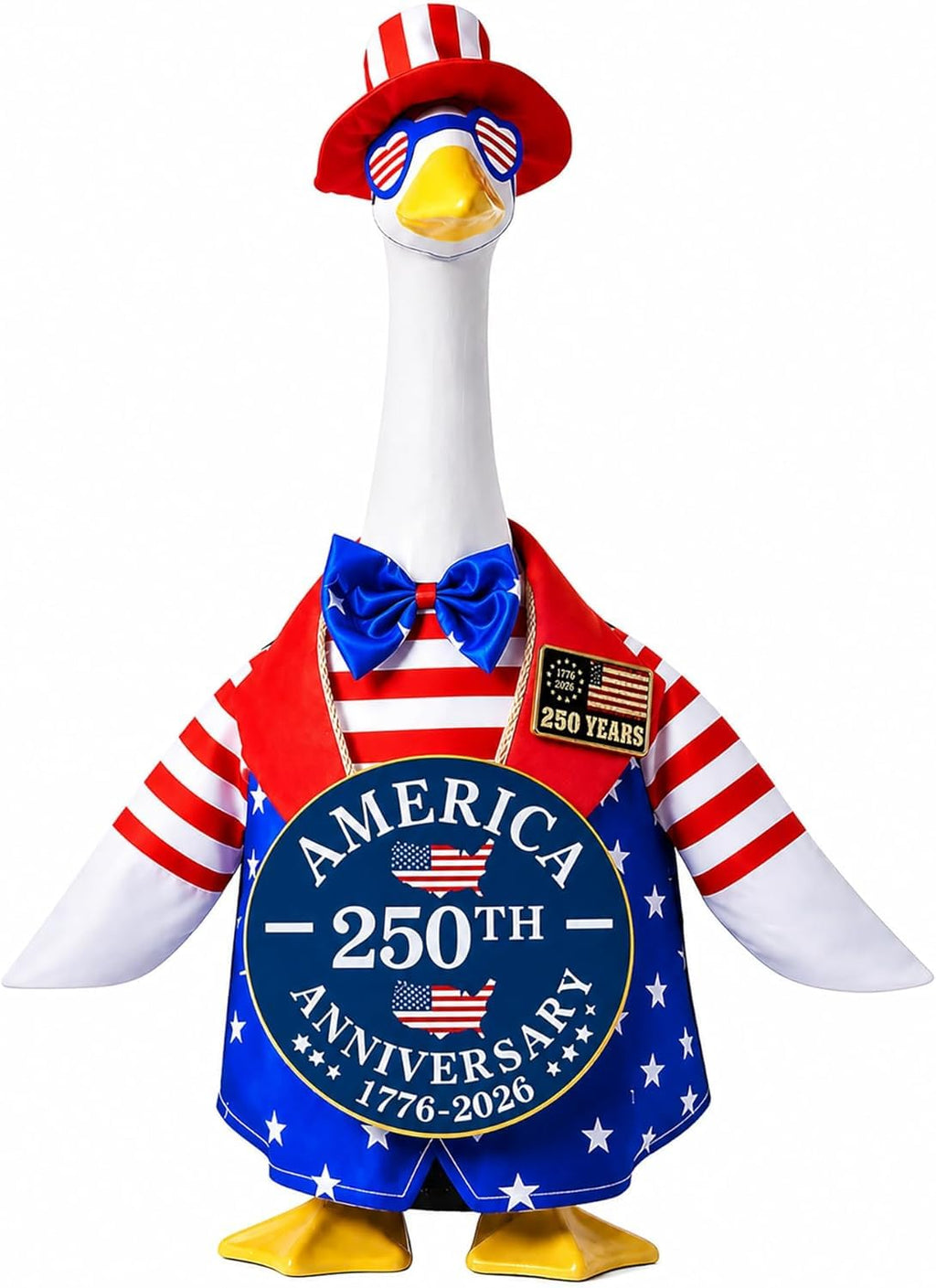 Porch Goose Outfit for 4th of July, America 250 Patriotic Goose Clothes for 23 Inch Lawn, Independence Day Porch Decor with Hat & Glasses, America 250th Anniversary Goose Outfit, 1776–2026 Sign & Pin